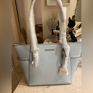 Charlotte Large Saffiano Leather Top-Zip Tote Bag Blue